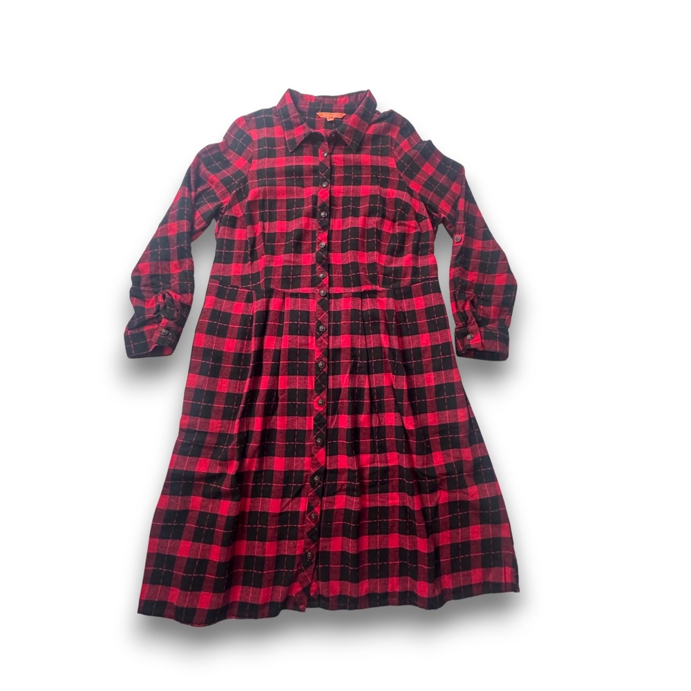 ModCloth Red Black Buffalo Plaid Cotton Button Front Shirt Dress Long Sleeve